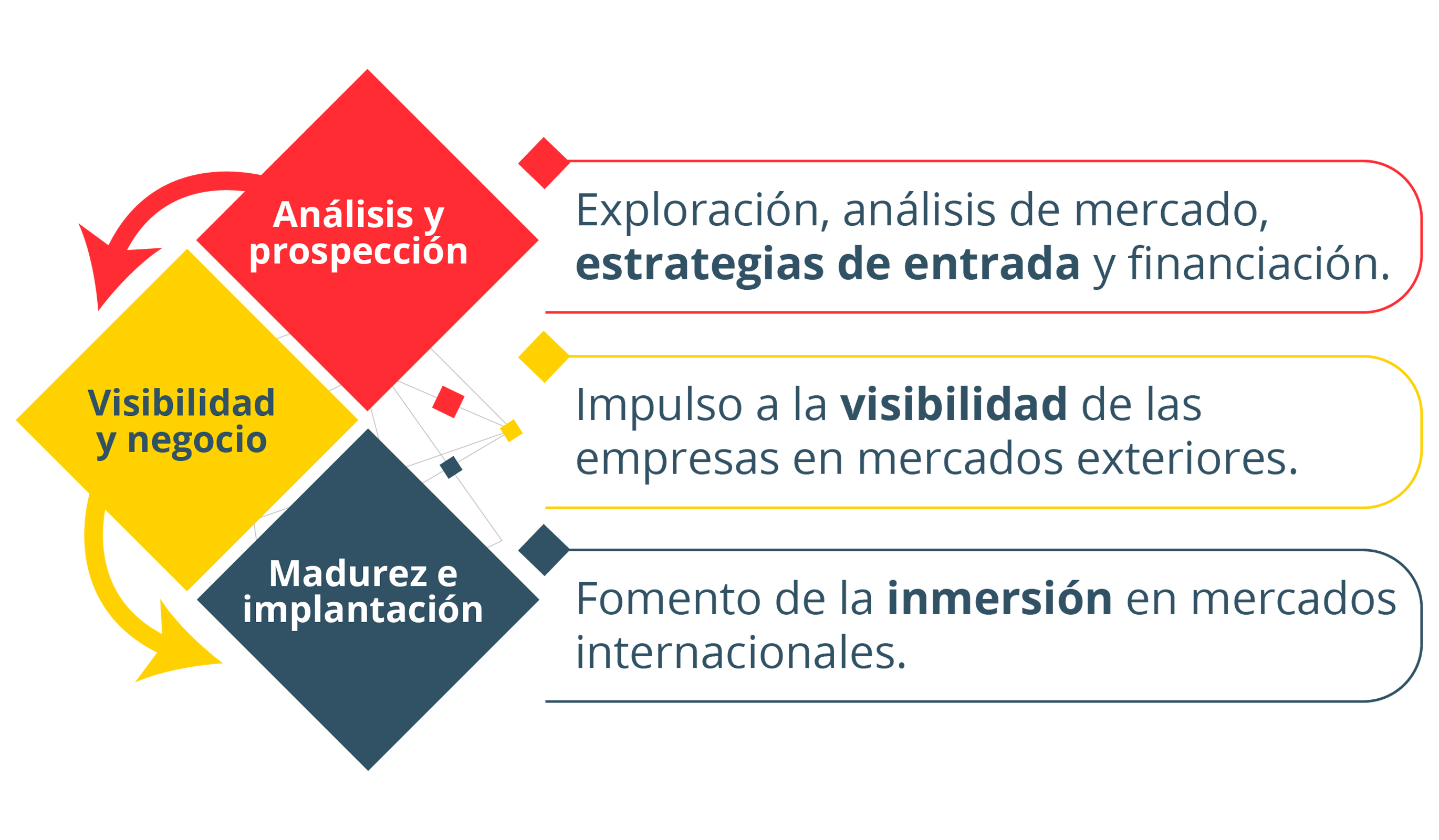 Análisis y prospección: Exploración, análisis de mercado, estrategias de entrada y financiación. Visibilidad y negocio: Impulso a la visibilidad de las empresas en mercados exteriores. Madurez e implantación. Fomento de la inmersión en mercados internacionales.