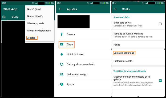 Apertura WhatsApp y busqueda en el menú de la opción Copias de Seguridad 