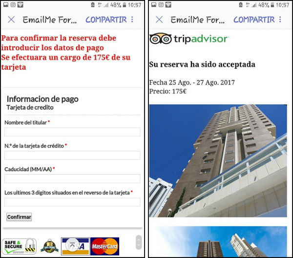 Página de phishing pago alquiler piso turístico