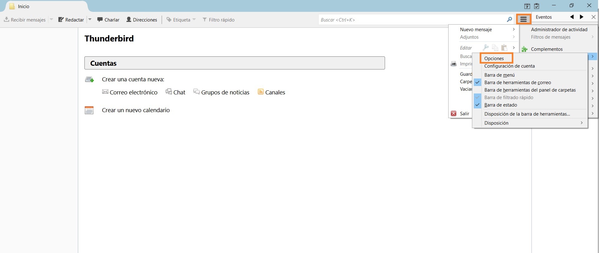 Seleccionar el menú de opciones Thunderbird