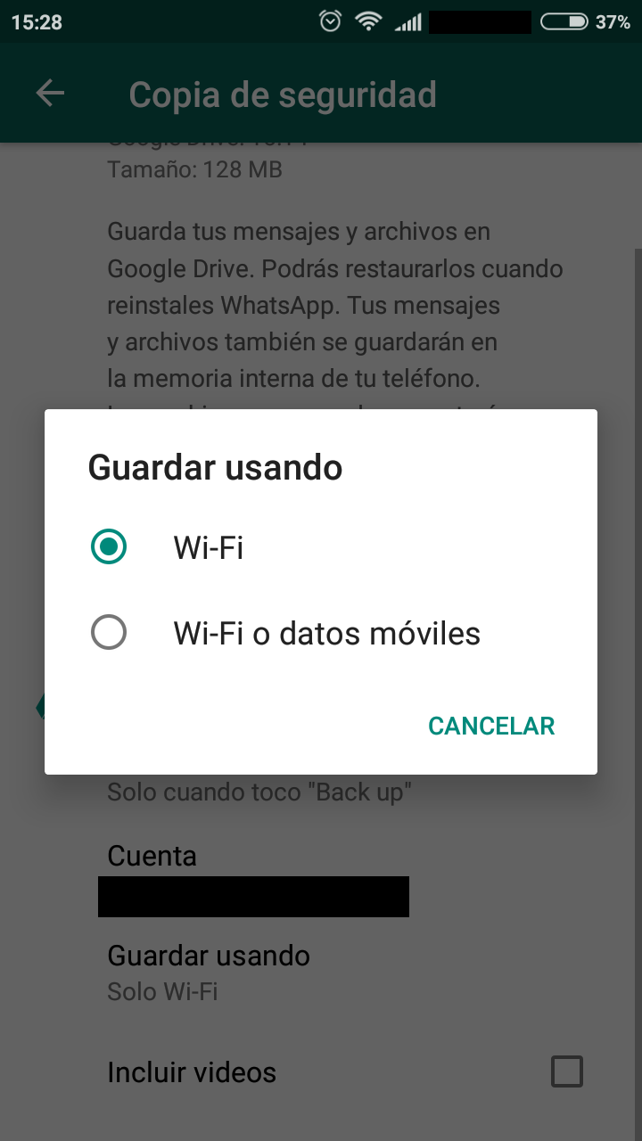 Uso de datos o wifi para almacenar copia