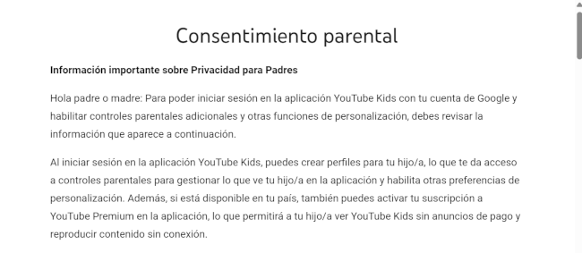 Consentimiento parental Youtube Kids