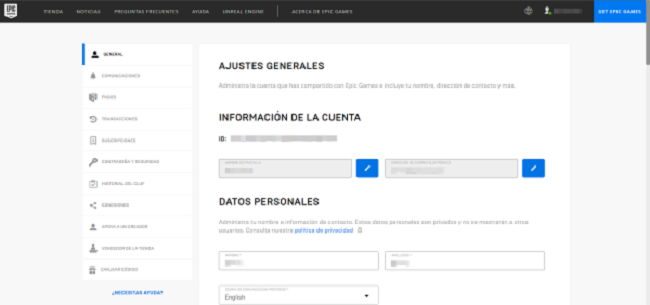 Ajustes generales de la cuenta Epic Games