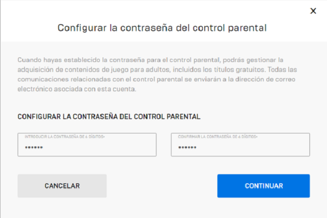 Configurar contraseña del control parental Epic Games
