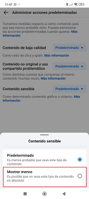 Opciones contenido sensible Facebook