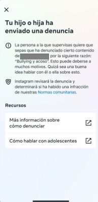 Notificación sobre denuncia Instagram
