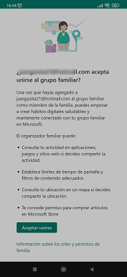 Aceptación del perfil en grupo familiar Microsoft