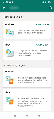 Menú de ajustes de usuario Microsoft