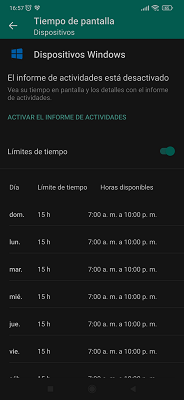 Límites de tiempo en pantalla Microsoft