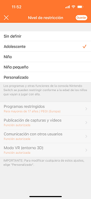 Nivel de restricción Nintendo Switch