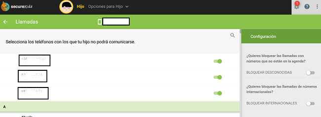 Selección de contactos SecureKids