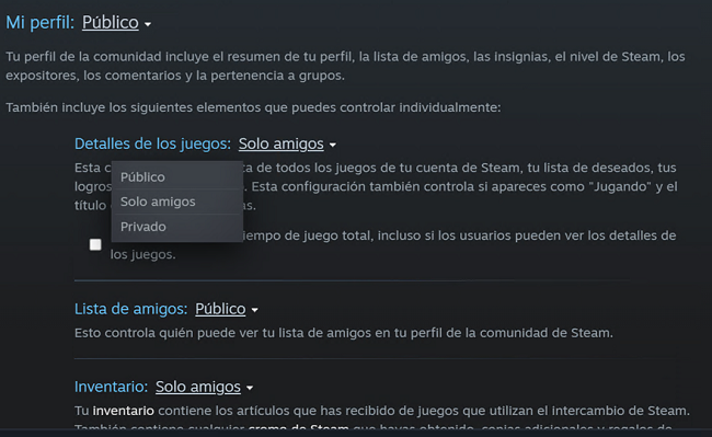 Ajustes de privacidad Steam