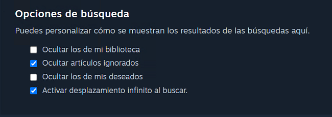 Opciones de búsqueda Steam