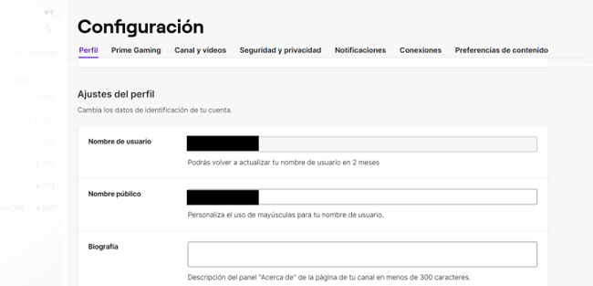 Ajustes de perfil web Twitch