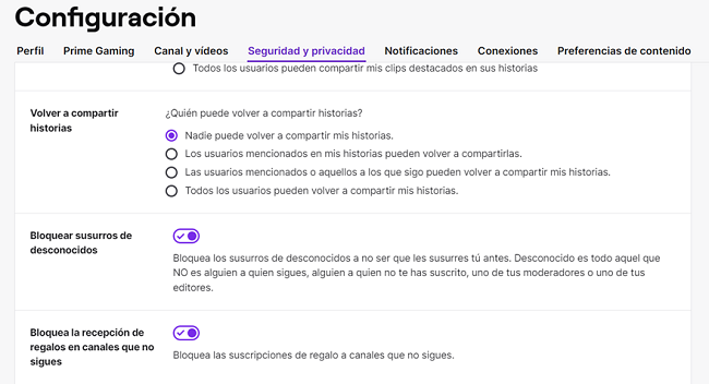 Configuración recepción de regalos Twitch