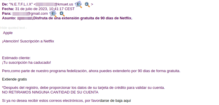 Se muestra el correo fraudulento en el que se comunica que la víctima podrá disfrutar de una extensión gratuita de su suscripción a Netflix si completa el registro con los datos de su tarjeta de crédito