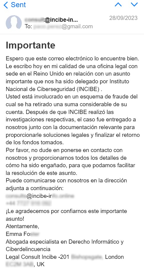 Se muestra el correo recibido por un usuario en el cual se informa al usuario de que INCIBE ha delegado a ese bufete de abogados un asunto de fraude en el que parece estar involucrado el usuario, en el correo, solicitan a la víctima que proporcione los detalles del fraude contestando al correo.