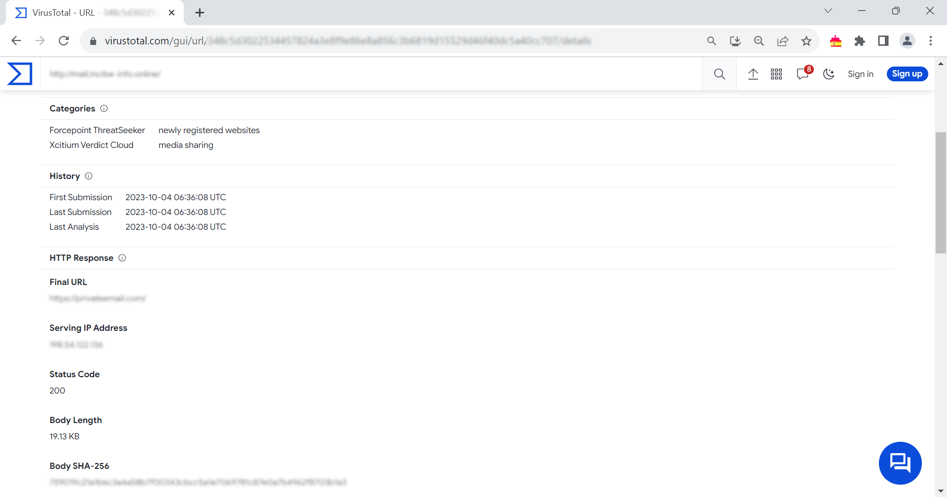 Se muestra el resultado que ha dado la dirección de correo usada en el phishing analizado en la web virus total.