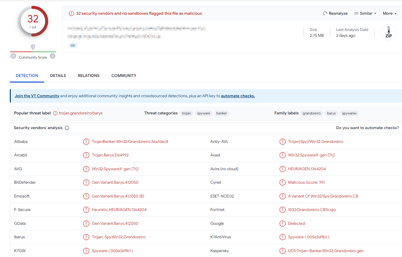 En la imagen se comprueba con VirusTotal un análisis del fichero que en realidad hemos descargado, indicando de esta manera que se trata del troyano bancario Grandoreiro