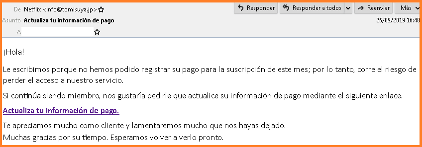 Correo electrónico phishing Netflix Imagen email phishing netflix