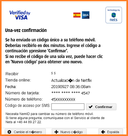 Pantalla de confirmación de pago Imagen web phishing netflix