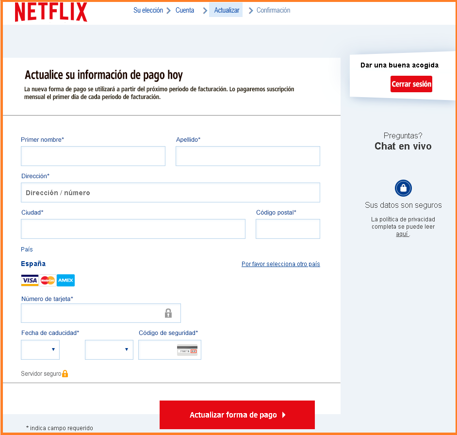 Pantalla inicial de la web falsa Imagen web phishing netflix