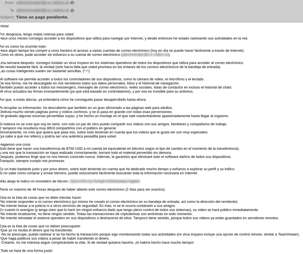 Se muestra el cuerpo del correo malicioso, en donde el ciberdelicuente intenta sextorsionar a pontencionales víctimas a que realice un pago a cambio de que no se exponga datos privados o contenidos sensibles e intimos.