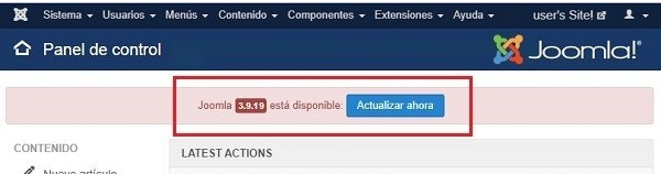 Aviso de actualización disponible de Joomla! Imagen que muestra la actualización disponible de Joomla! que en este caso es la 3.9.19