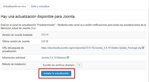 Hay una actualización disponible para Joomla! Imagen que muestra información sobre la versión actual de Joomla! y la nueva disponible del gestor de contenidos.