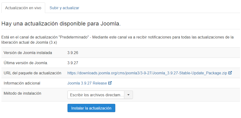 Hay una actualización disponible para Joomla! Imagen que muestra información sobre la versión actual de Joomla! y la nueva disponible del gestor de contenidos.