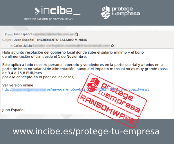 Correo fraudulento con enlace malicioso Imagen que muestra un correo fraudulento detectado con asunto incremento salario mínimo