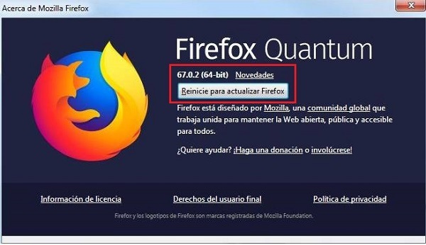 Imagen que muestra la pantalla resultante de entrar en las opciones anteriores, donde se puede ver un botón que dice el literal: reinicie para actualizar Firefox
