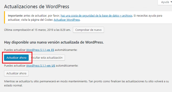Imagen que muestra el botón actualizar ahora, que en este caso sería para actualizar a la versión de WordPress 5.1.1