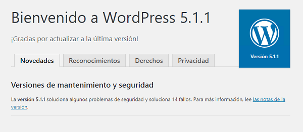 Imagen que muestra el literal "Bienvenido a WordPress 5.1.1", una vez concluida la actualización.