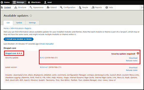 Captura de drupal donde se indica la versión actual y la disponible