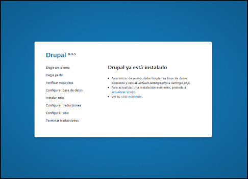 Captura de pantalla que marca la instalación completa de drupal.