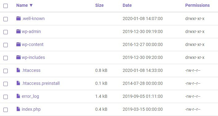 Ejemplo de los permisos correctos en ficheros y directorios para WordPress.