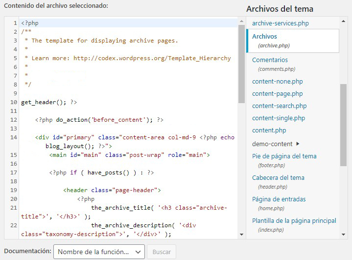 Editor de ficheros de WordPress.