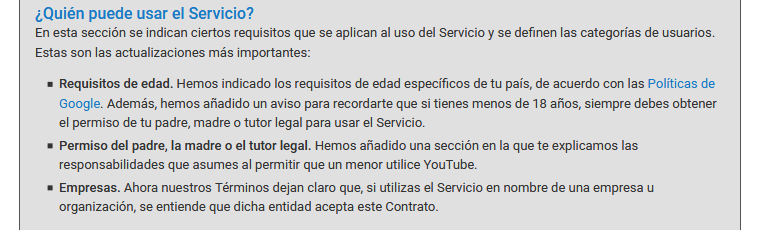 Términos YouTube sobre la edad Términos YouTube sobre la edad