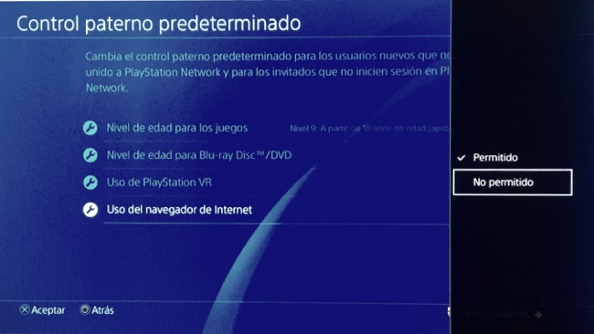 Menú de control paterno predeterminado, restricción del uso del navegador en Playstation Network