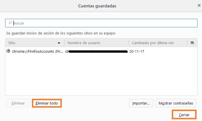 Cuentas guardadas en Firefox Seleccionar y eliminar una contraseña almacenada