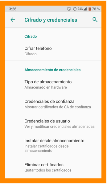 Menú de cifrado y credenciales Ajustes de cifrado y credenciales de Android