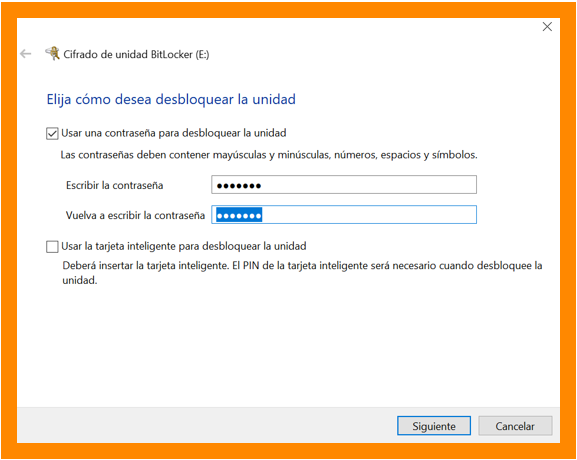 Establecimiento de contraseña de desbloqueo de Bitlocker Crear contraseña de desbloqueo de BitLocker