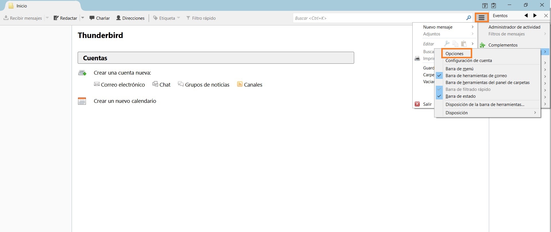 Menú opciones de Thunderbird Seleccionar el menú de opciones Thunderbird