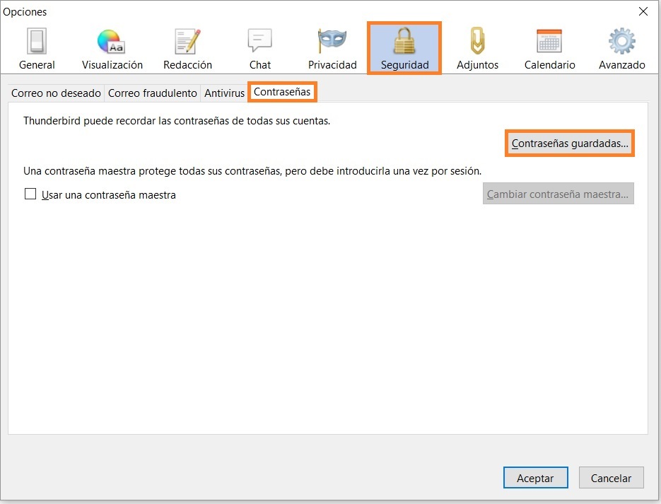 Pestaña Contraseñas Thunderbird Seleccionar botón Contraseñas guardadas
