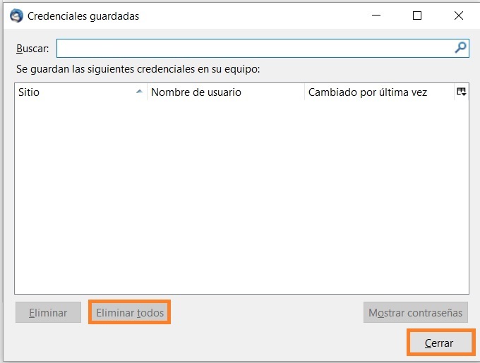 Ventana credenciales guardadas Thunderbird Eliminar contraseñas guardadas Thunderbird